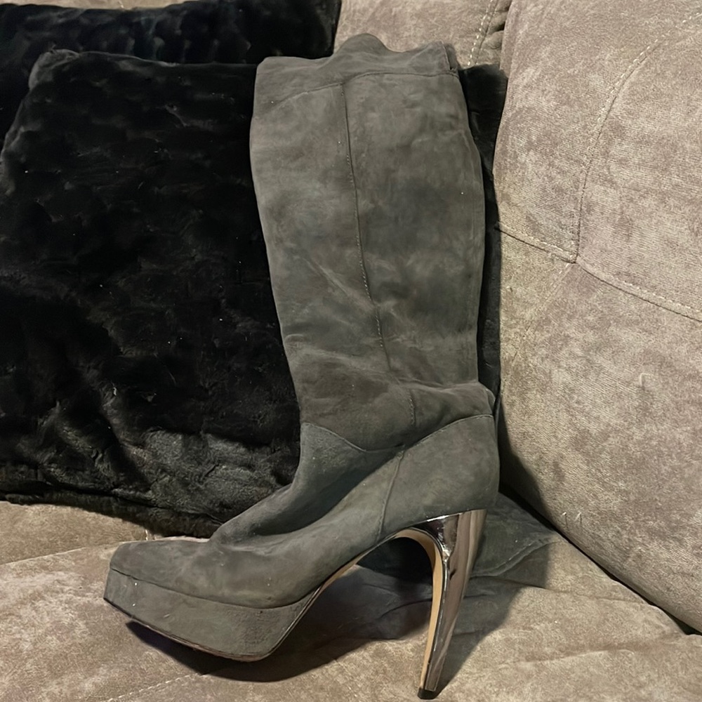 Used Vince Camuto Gray Leather Upper Suede OTK Boots 10M